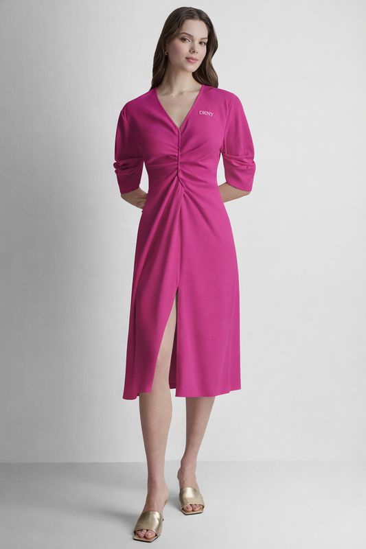 3/4 RAUSHED XLV V-NECK DRESS