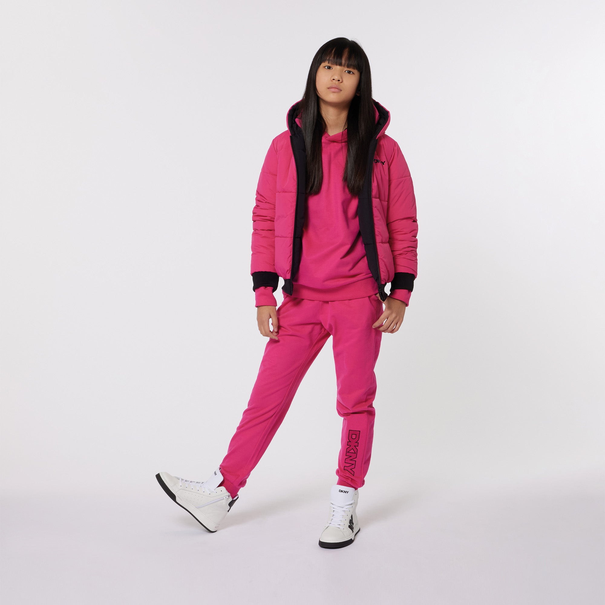 LONG SLEEVE REVERSIBLE HOODED PUFFER JACKET