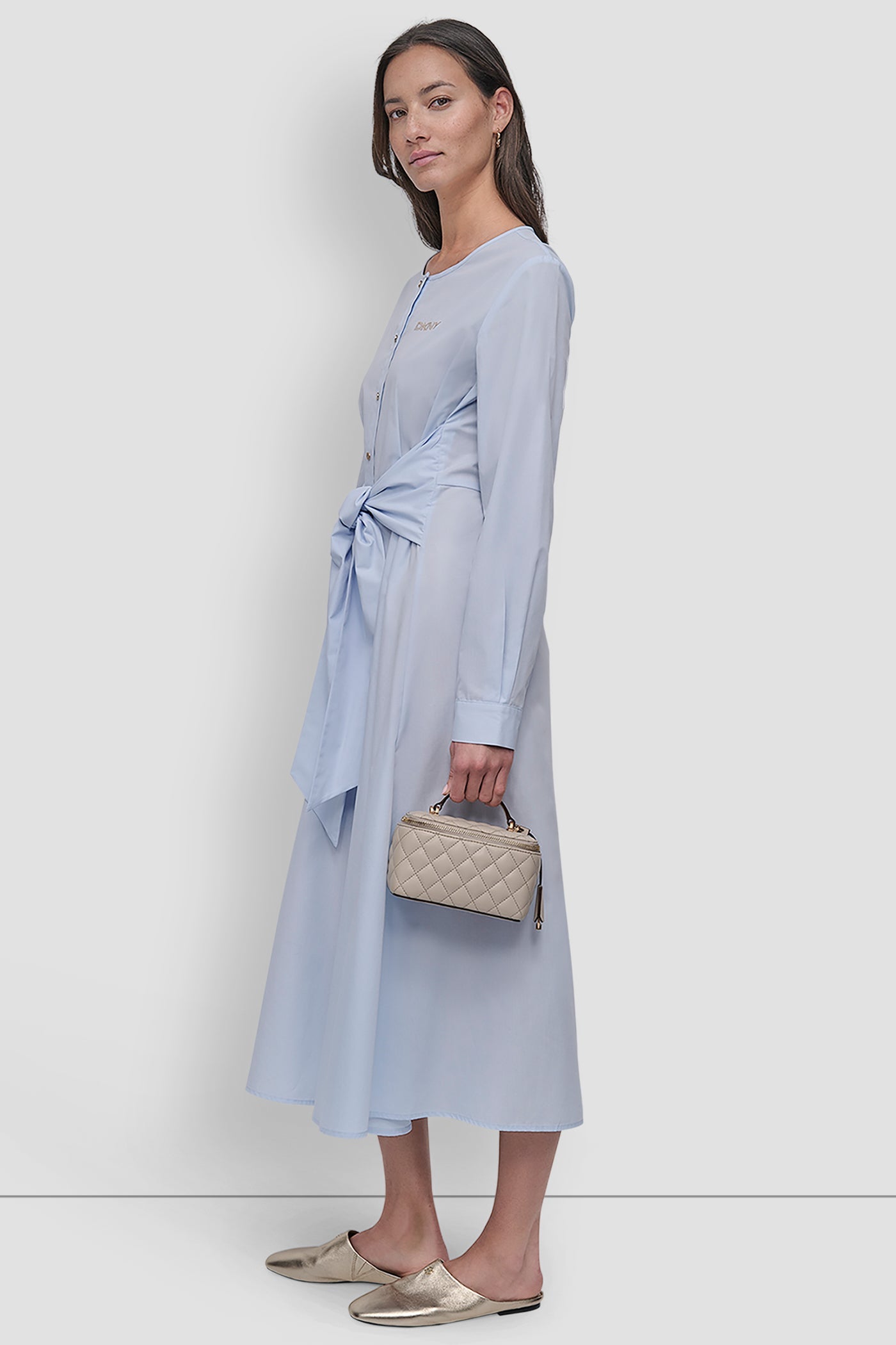 LONG SLEEVE TIE FRONT MIDI DRESS