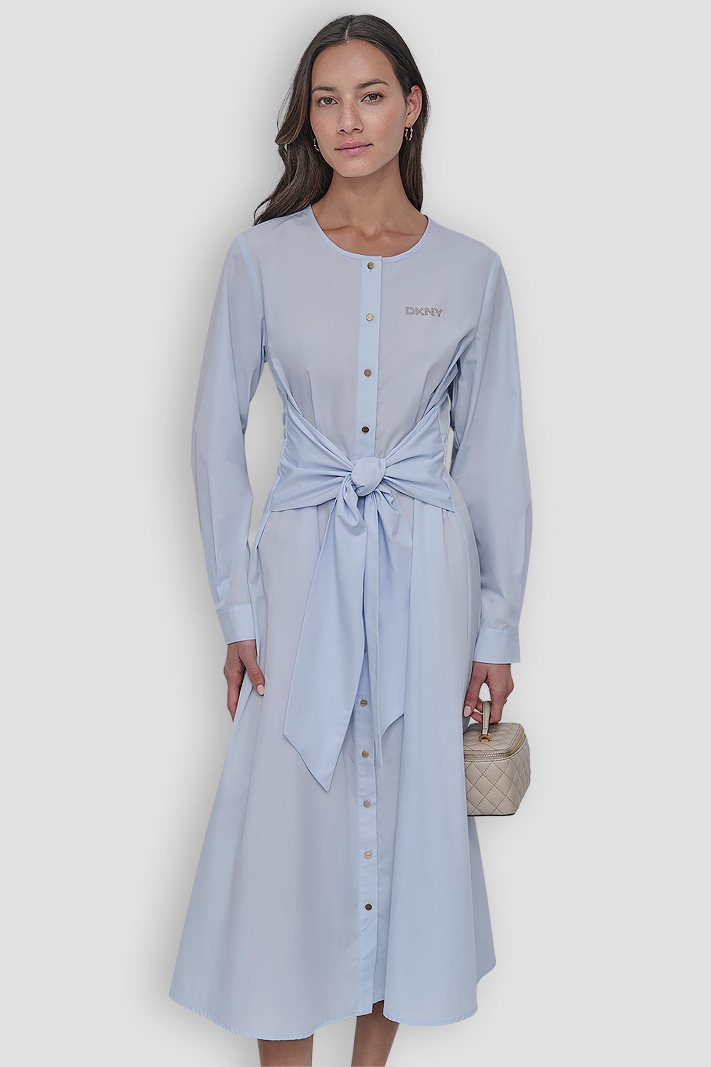 LONG SLEEVE TIE FRONT MIDI DRESS