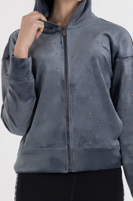 LONG SLEEVE ALL OVER RHINESTONE FULL ZIP HOODIE