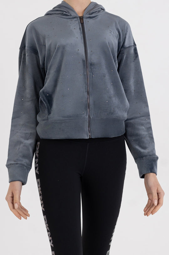 LONG SLEEVE ALL OVER RHINESTONE FULL ZIP HOODIE