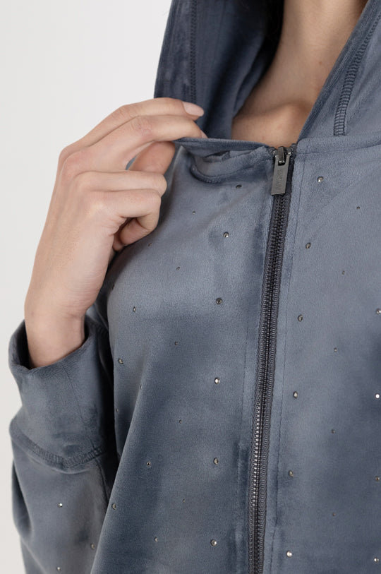 LONG SLEEVE ALL OVER RHINESTONE FULL ZIP HOODIE