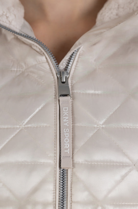 SLEEVELESS CROPPED QUILTED MOCK NECK PUFFER VEST WITH SHERPA