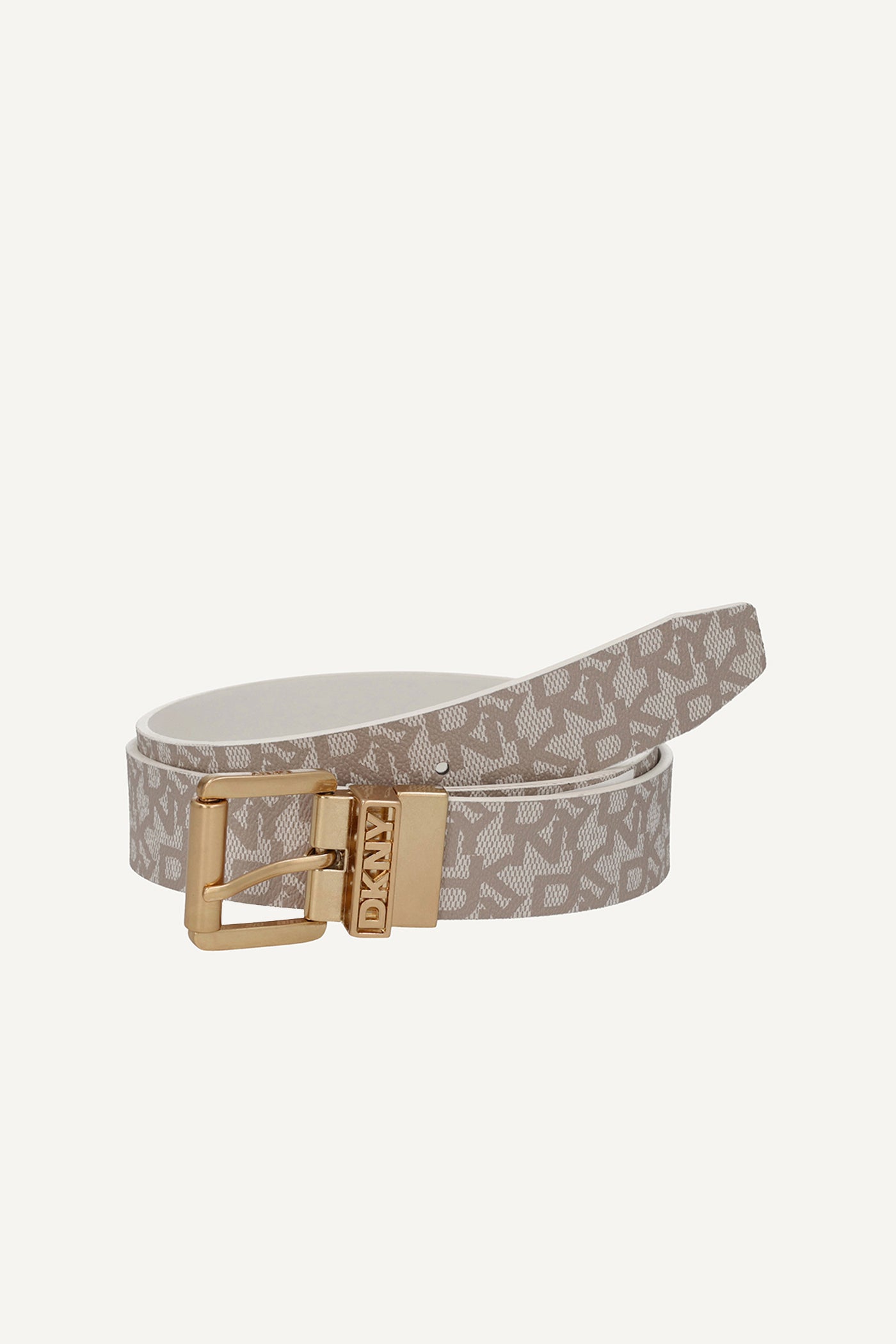New! DKNY Cream Logo Monogram Belt with Silver Buckle DKNY Brown & Cream Monogram Reversible Belt Size... | Depop main image 4