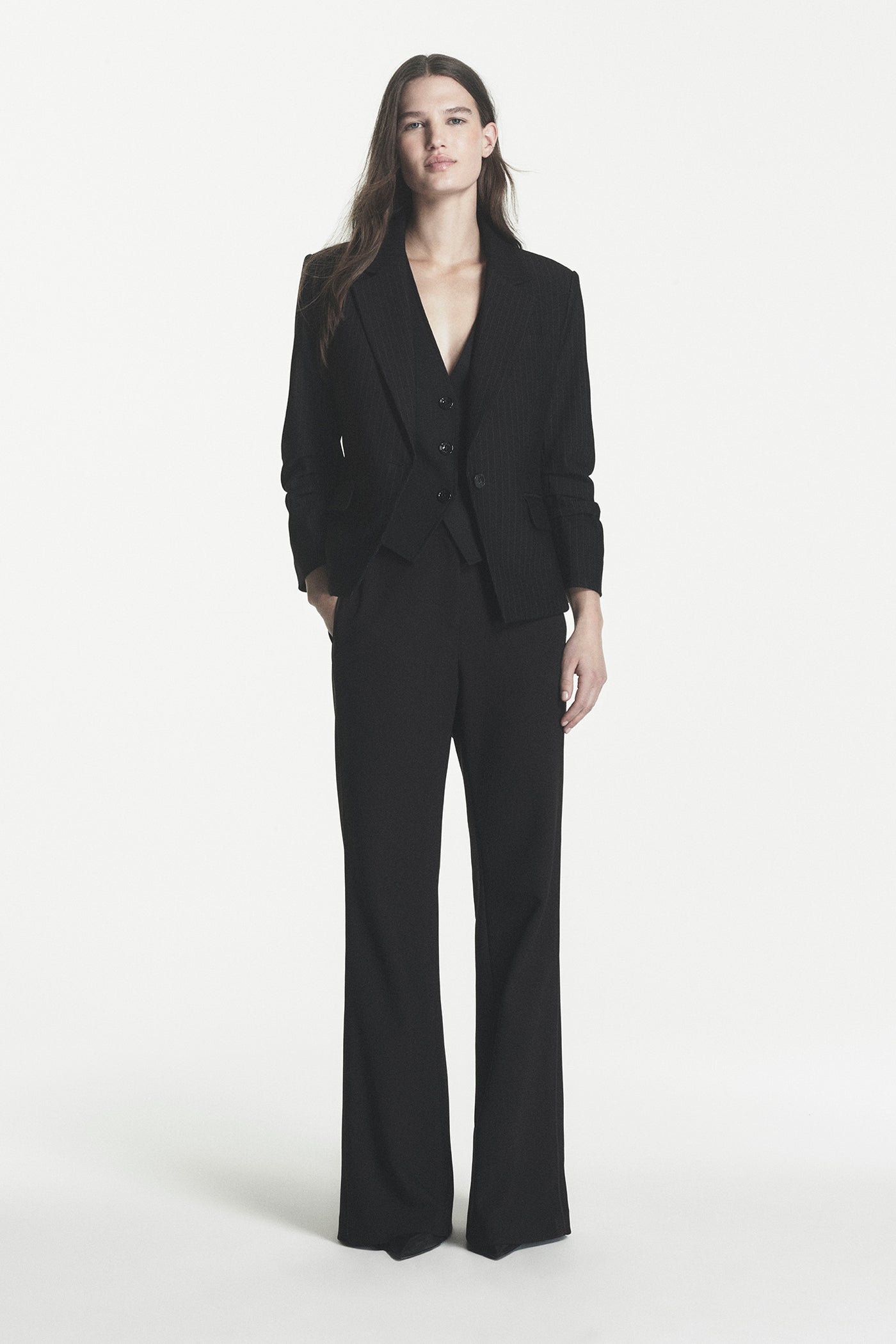 Pinstripe Ruched-Sleeve Blazer