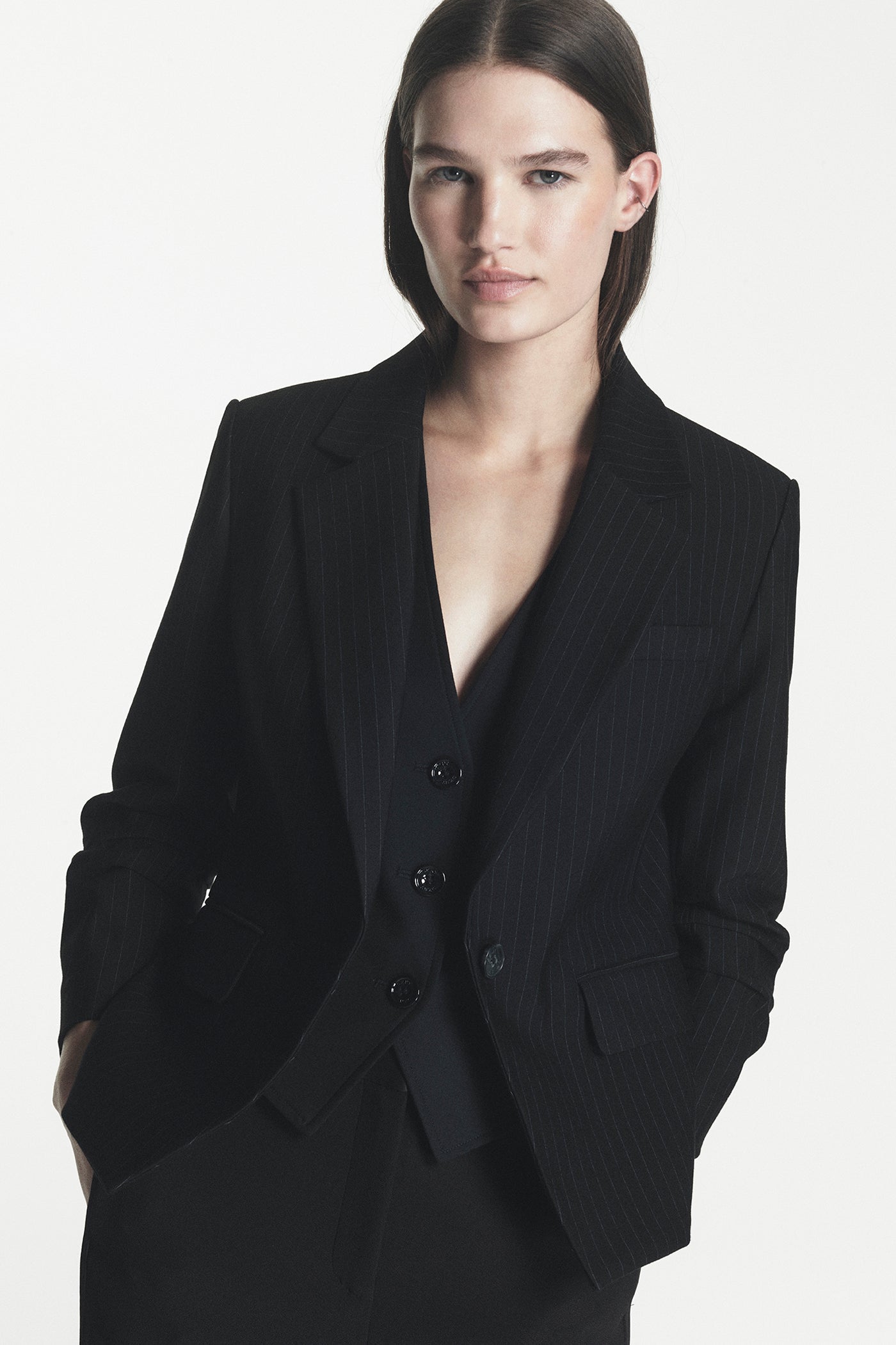 Pinstripe Ruched-Sleeve Blazer