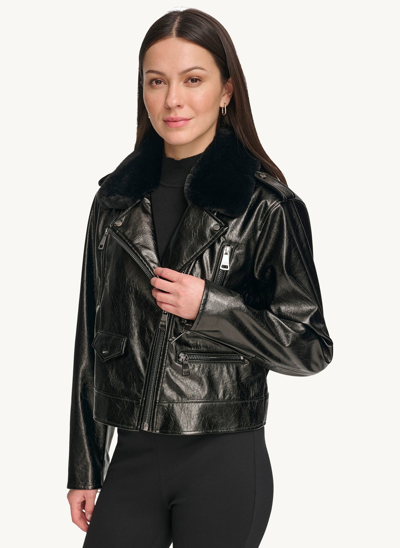 Long Sleeve Shearling Moto Jacket With Zipper