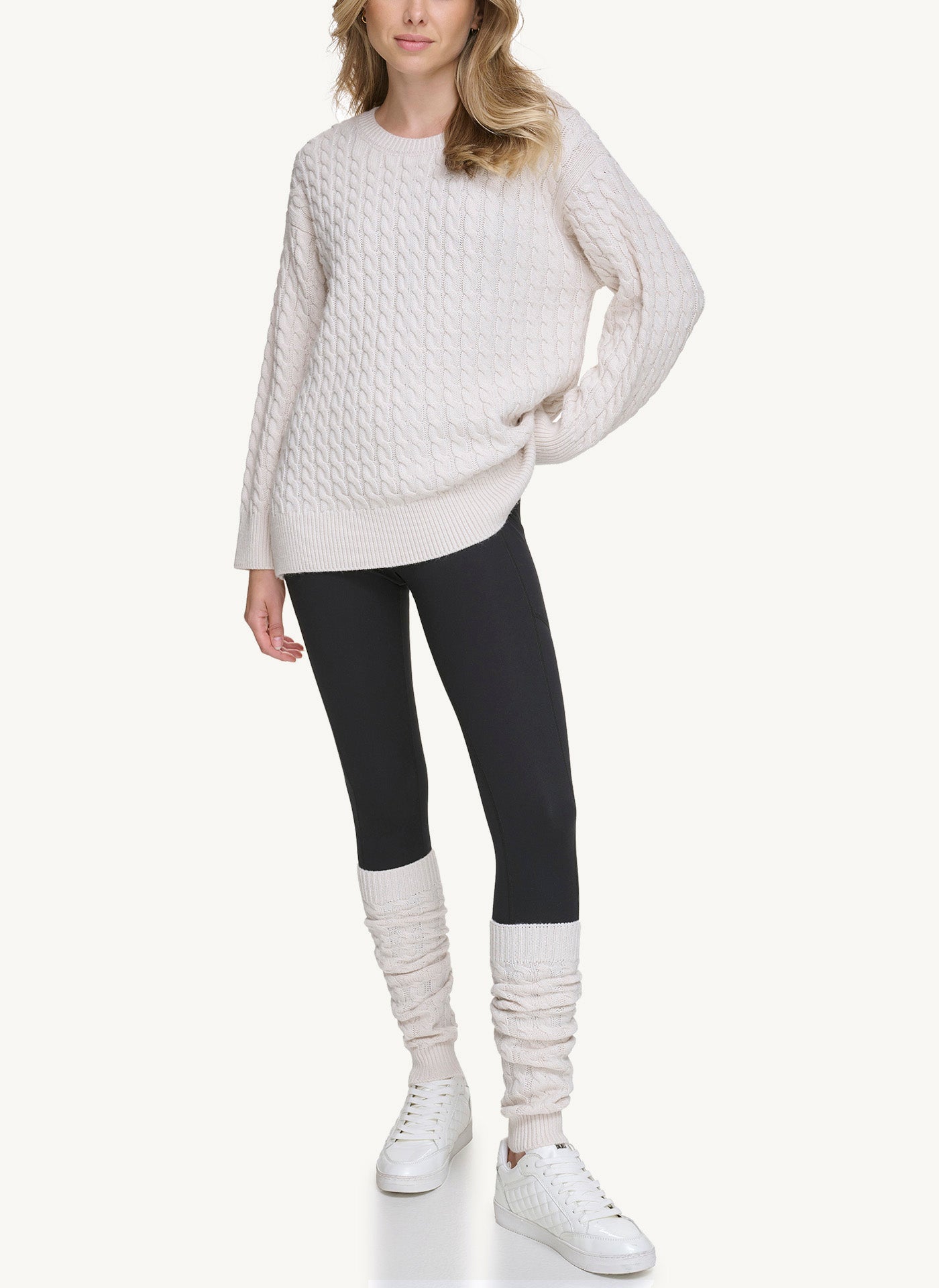 Beige Cable Knit Sweater And Leg Warmers