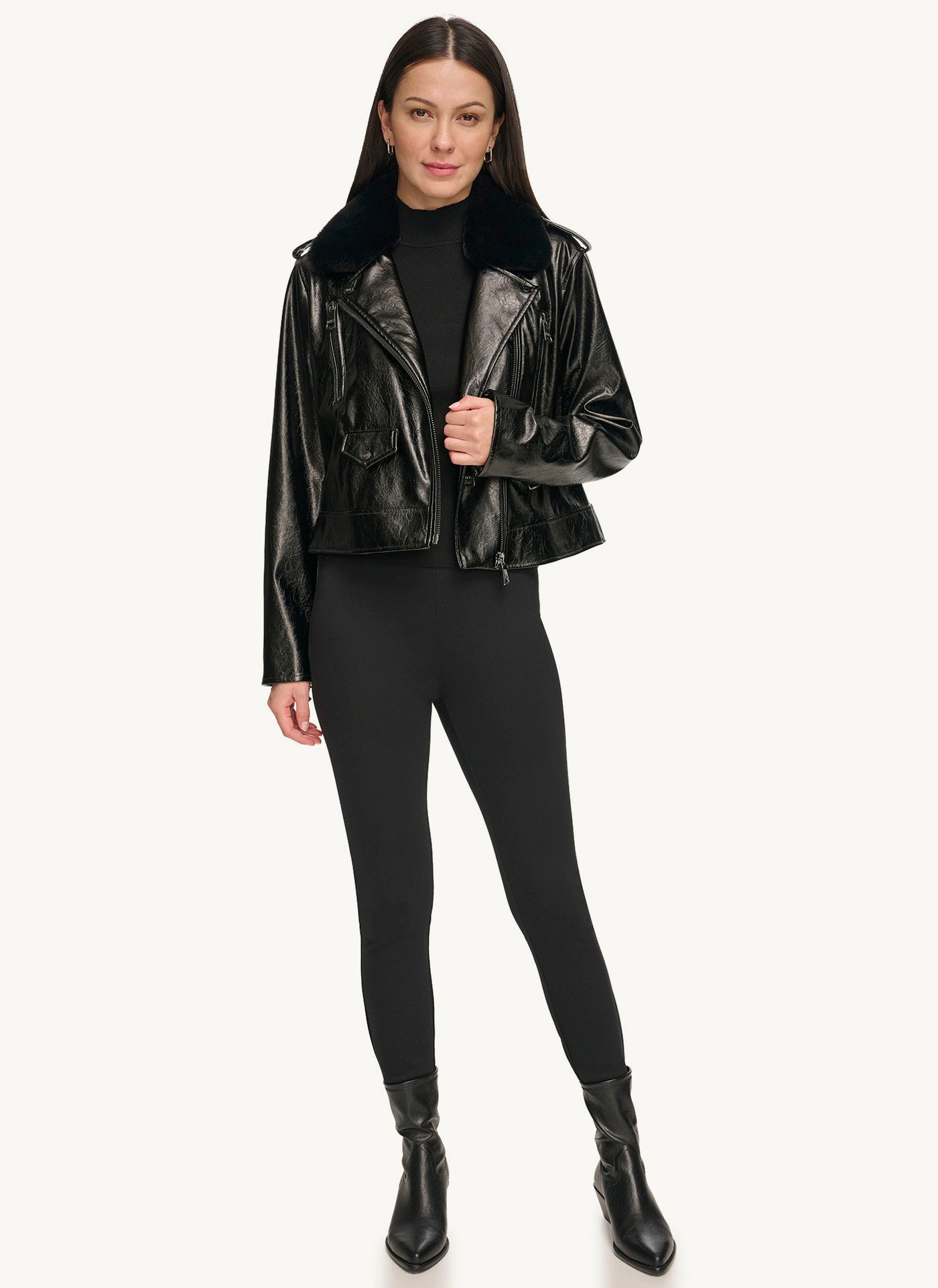 Long Sleeve Shearling Moto Jacket With Zipper