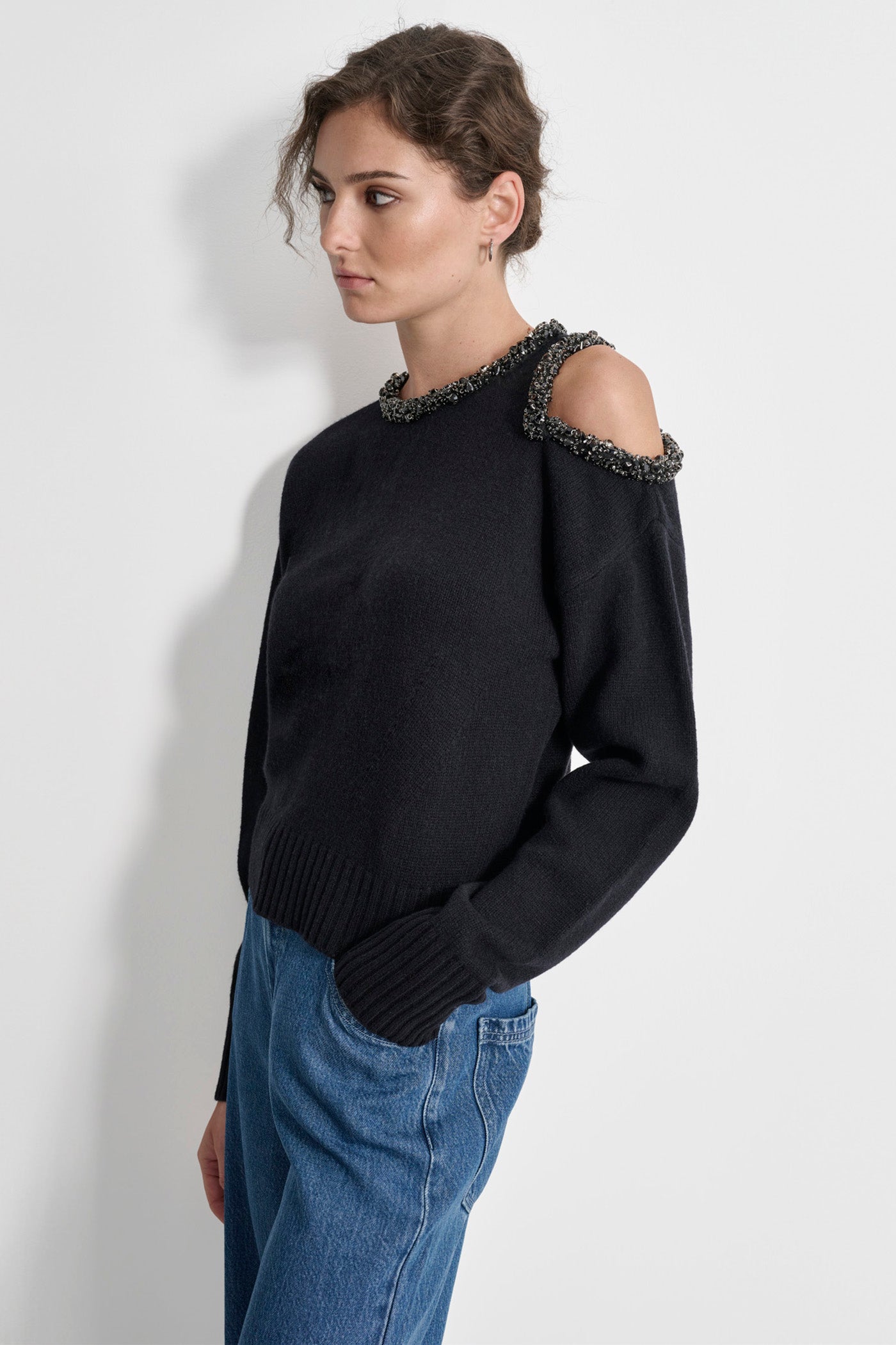 LONG SLEEVE COLD SHOULDER EMBELISHED TRIM SWEATER