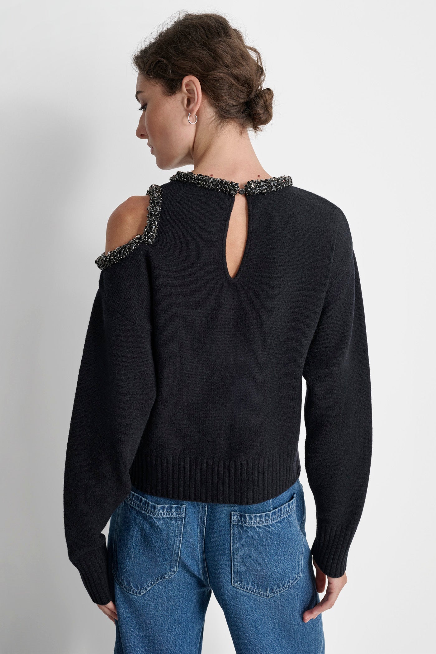 LONG SLEEVE COLD SHOULDER EMBELISHED TRIM SWEATER