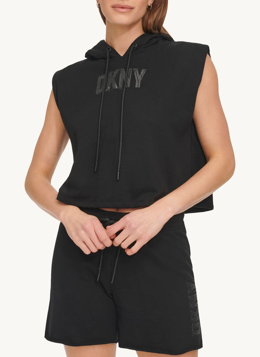 Sleeveless Hoodie With Rhinestone Logo