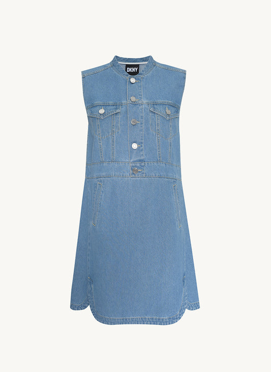 Sleeveless Mini Denim Dress With Back Logo Print