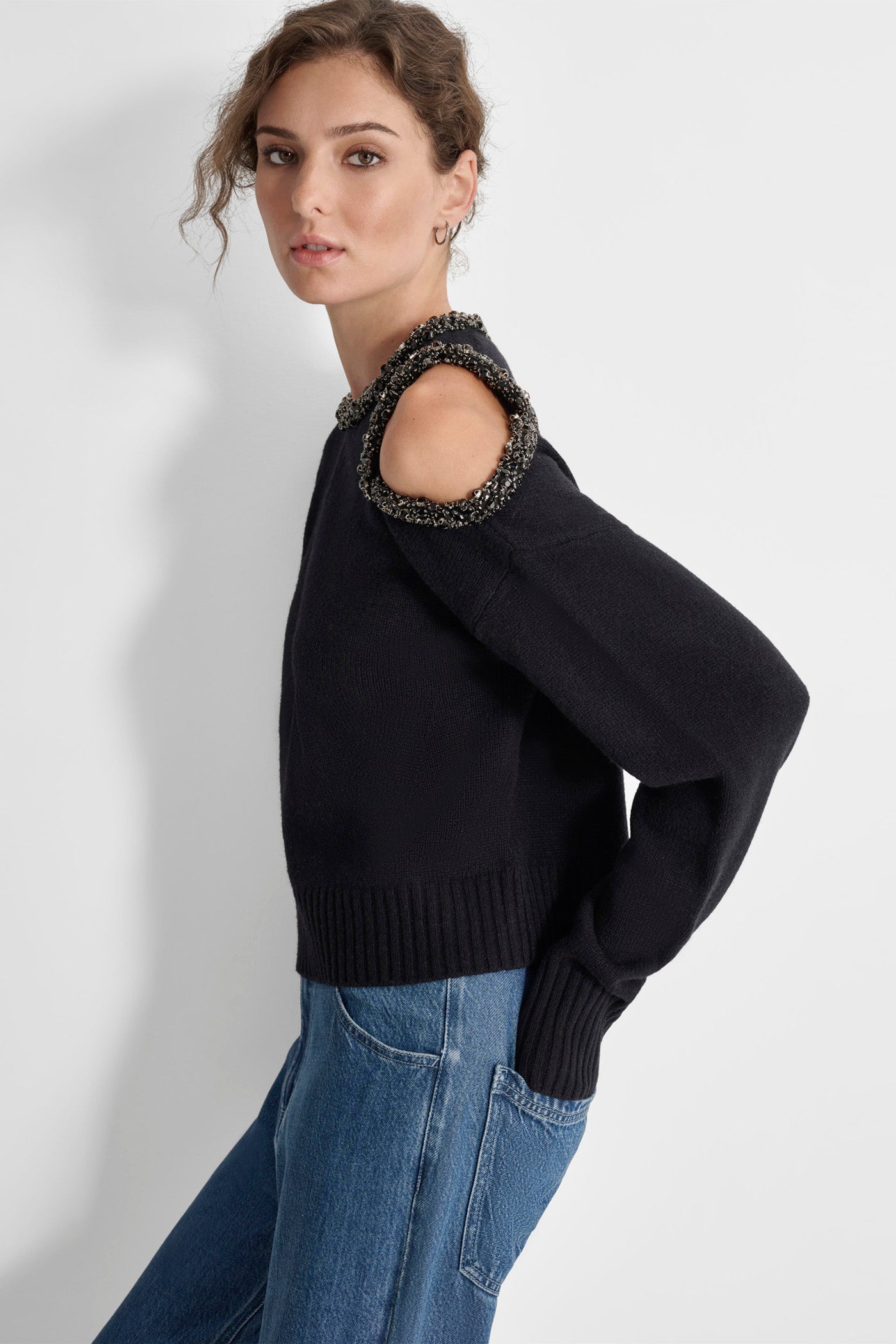 LONG SLEEVE COLD SHOULDER EMBELISHED TRIM SWEATER