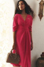 3/4 RAUSHED XLV V-NECK DRESS