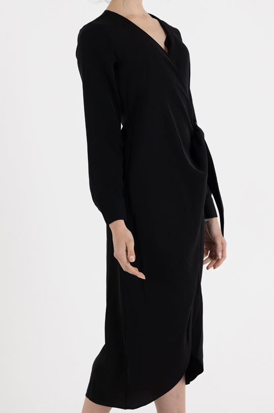 LONG SLEEVE V NECK ASMMETRIC MIDI DRESS