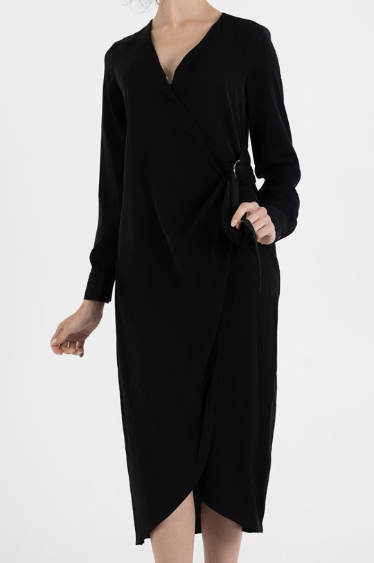 LONG SLEEVE V NECK ASMMETRIC MIDI DRESS