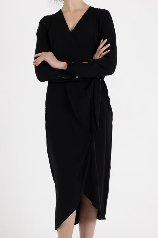 LONG SLEEVE V NECK ASMMETRIC MIDI DRESS