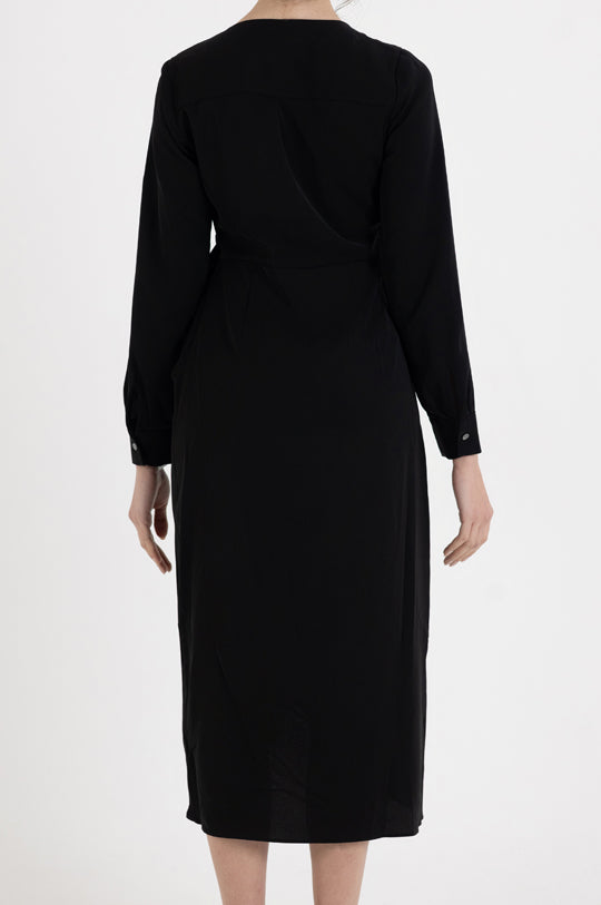 LONG SLEEVE V NECK ASMMETRIC MIDI DRESS