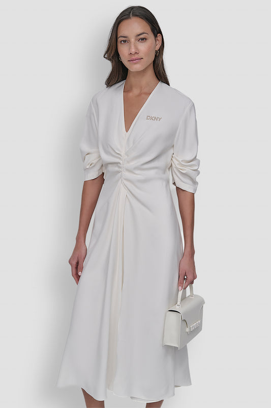 3/4 SLEEVE V NECK RUCHED MIDI DRESS