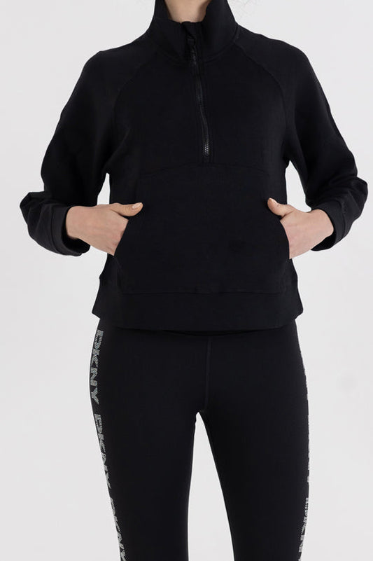 LONG SLEEVE MOCK NECK HALF ZIP PULLOVER WITH KANGA POCKET