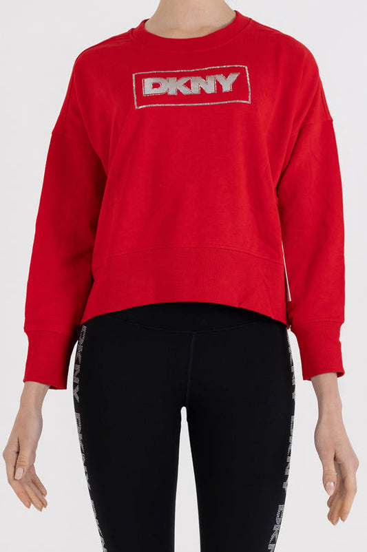 LONG SLEEVE CREW NECK FOIL RHINESTONE LOGO PULLOVER