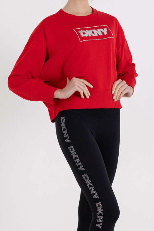 LONG SLEEVE CREW NECK FOIL RHINESTONE LOGO PULLOVER