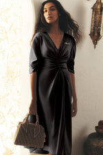 3/4 RAUSHED XLV V-NECK DRESS