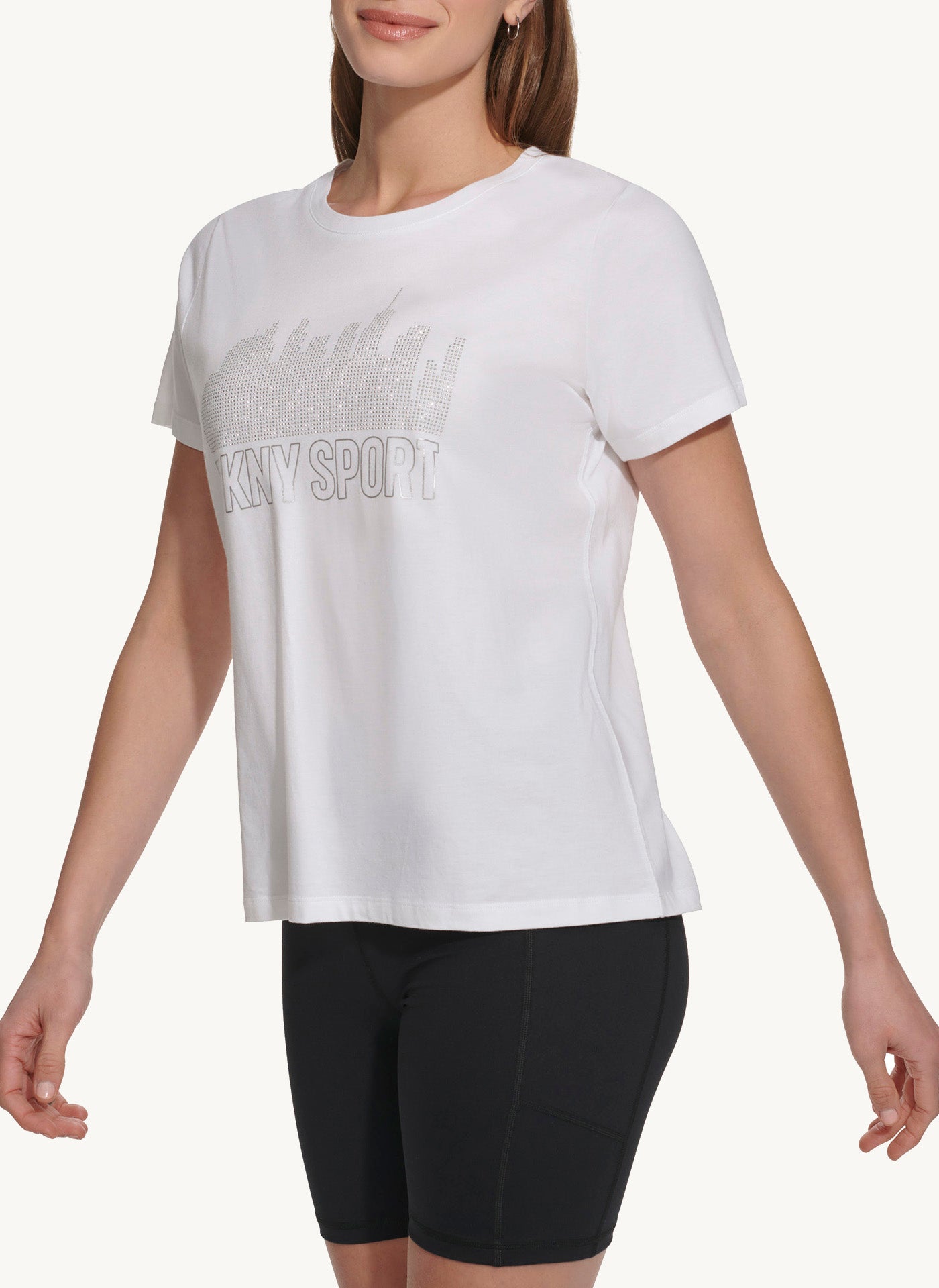 Small Sleeve Crew Neck T-Shirt With Rhinestone Logo