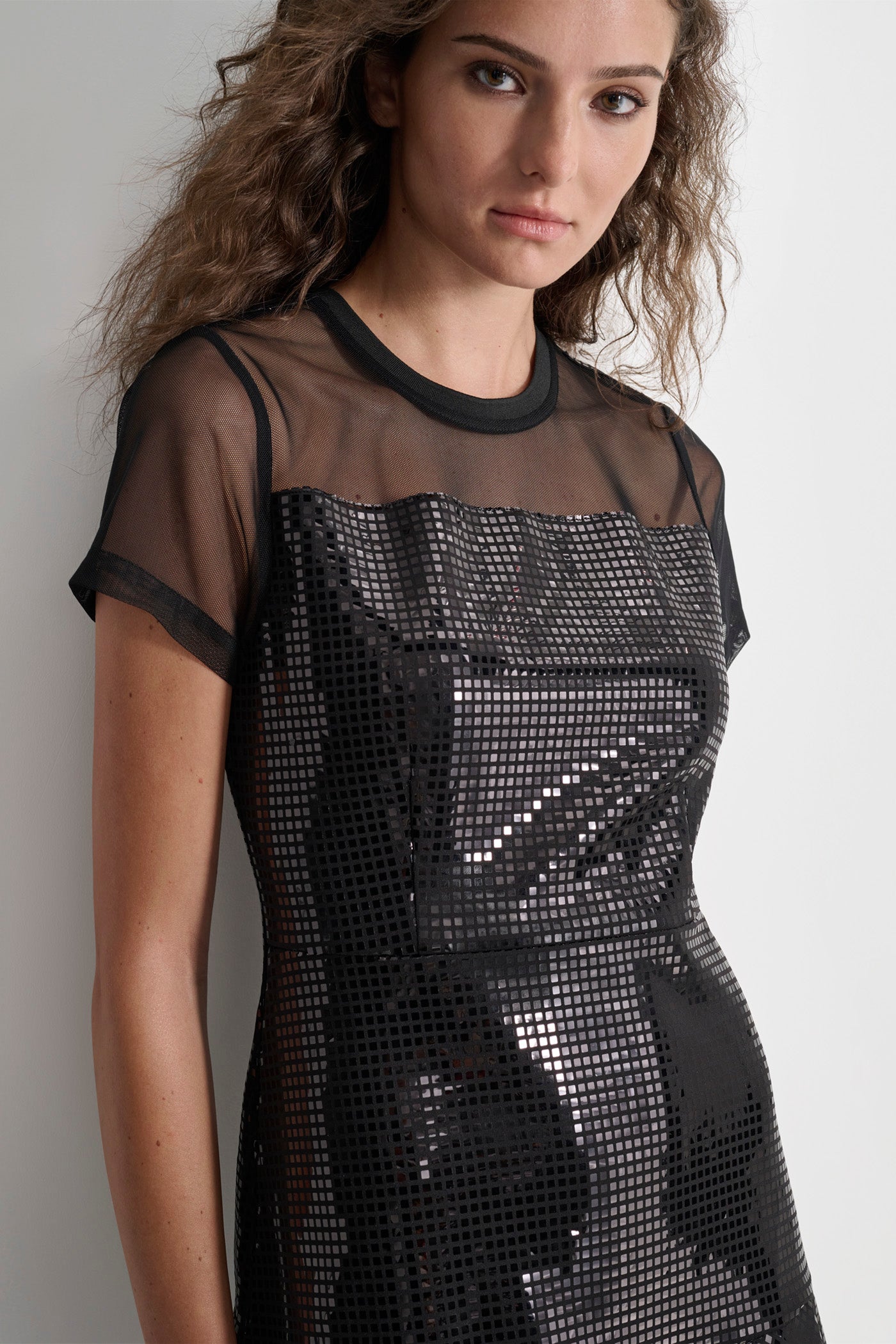 SMALL SLEEVE SEQUIN MINI DRESMALL SLEEVE WITH MESH YOKE