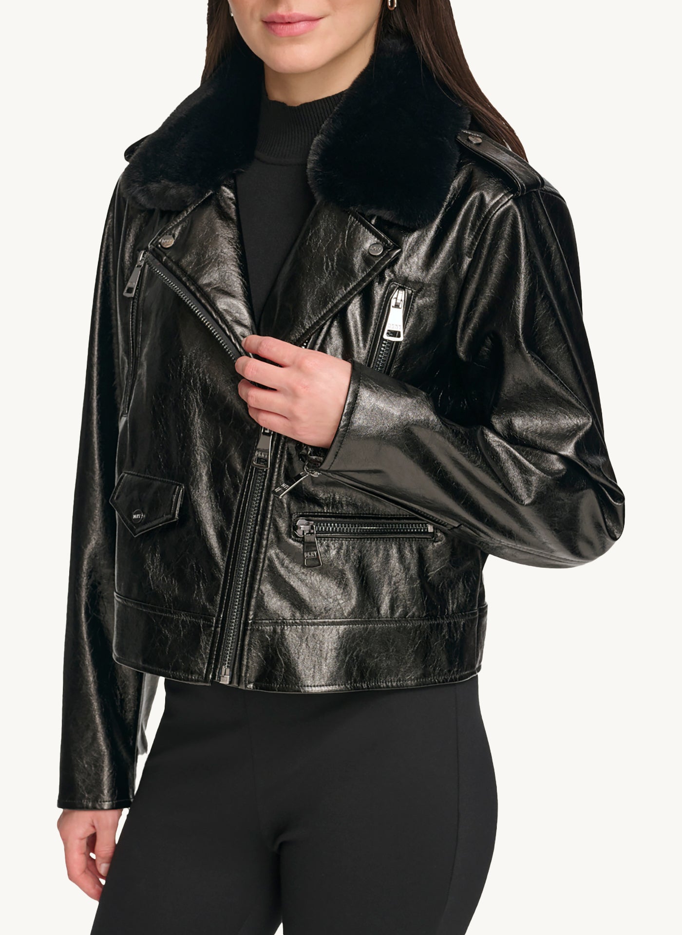 Long Sleeve Shearling Moto Jacket With Zipper