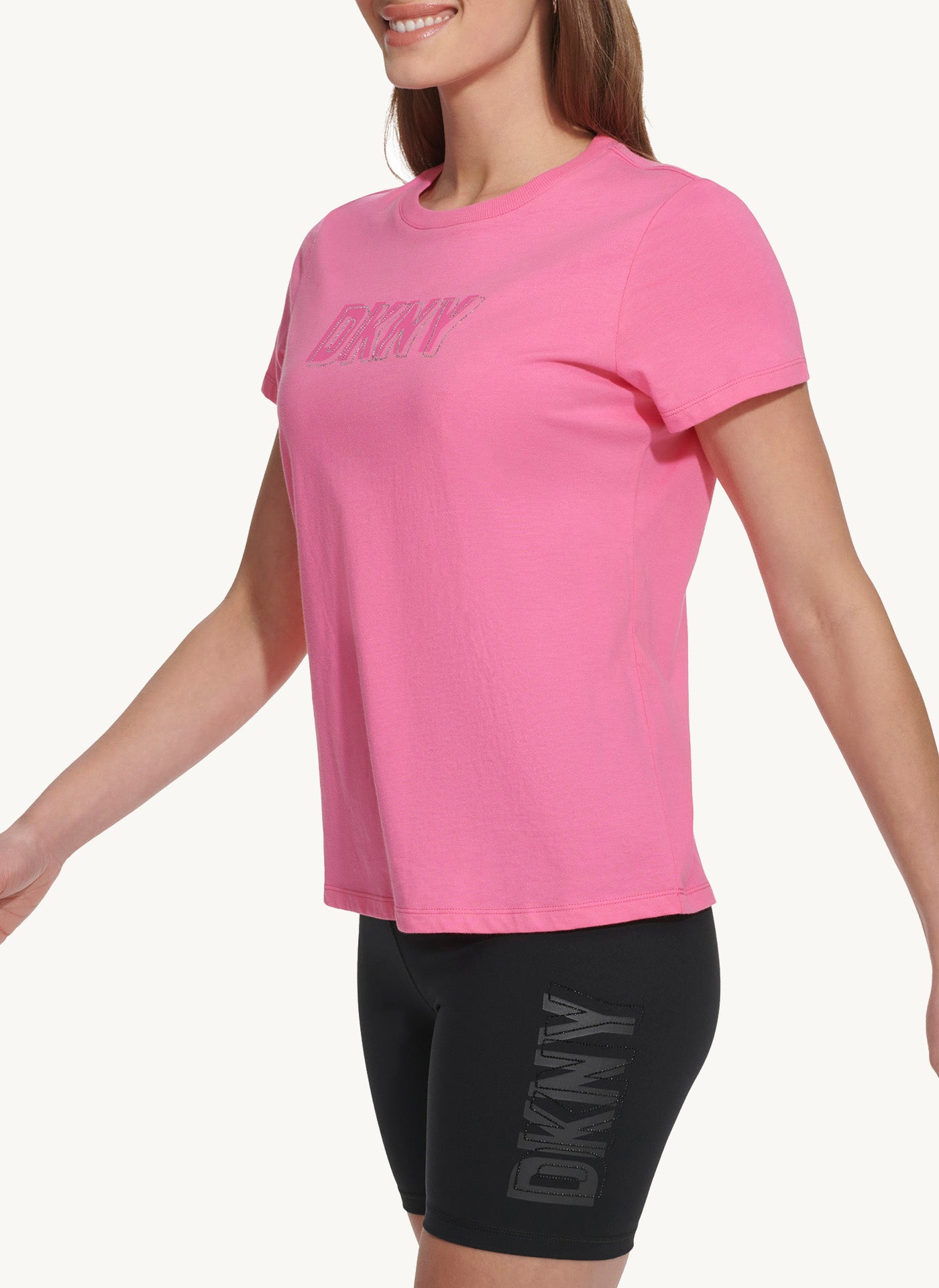 Small Sleeve Crew Neck T-Shirt With Rhinestone Logo