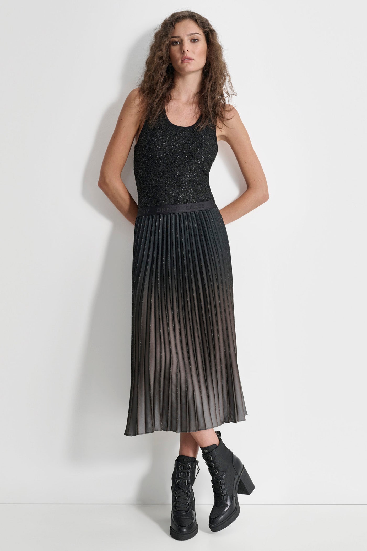 PLEATED FOILED OMBRE MIDI SKIRT