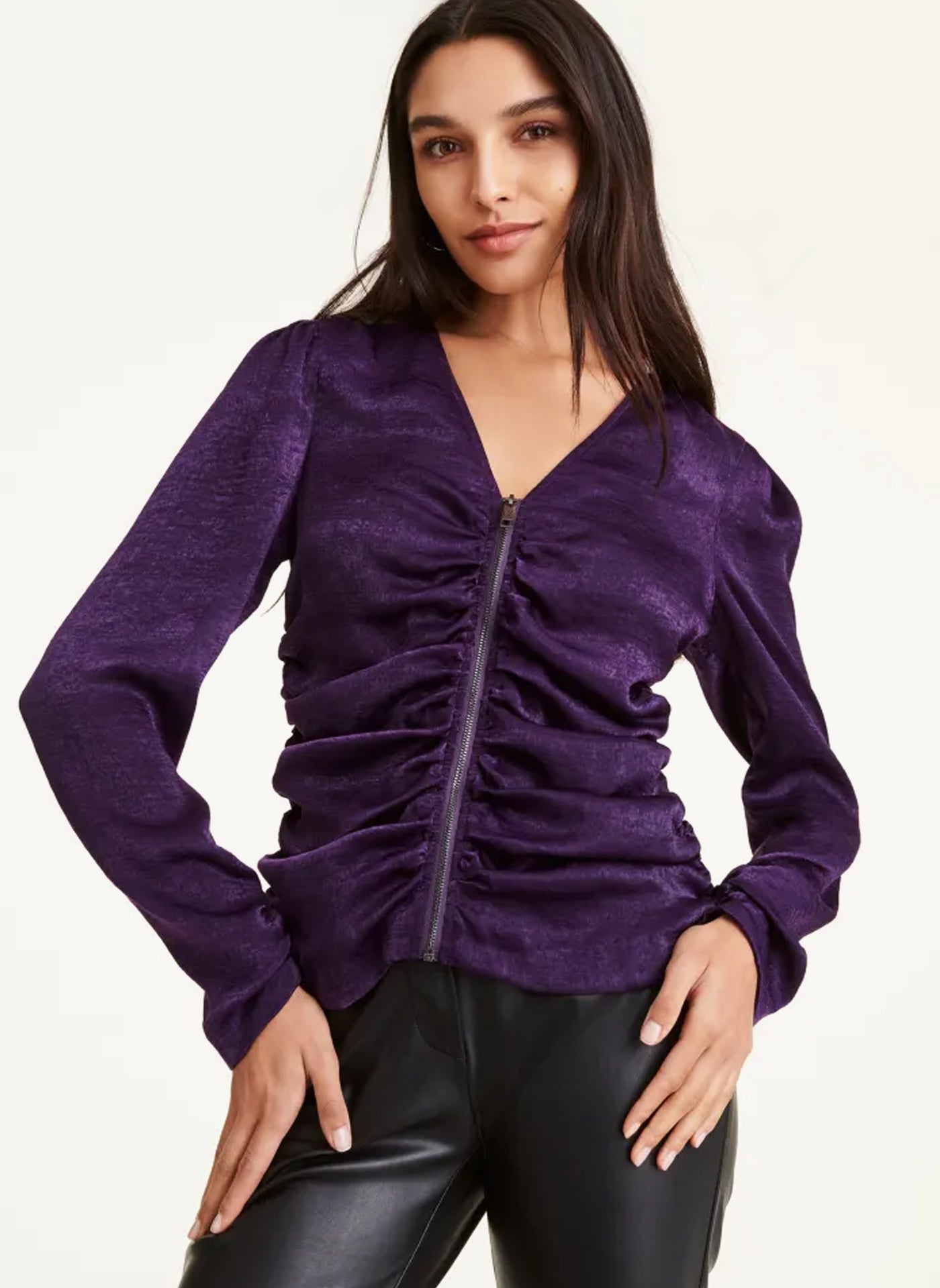 Puffed Long Sleeve V Neck Cowl Blouse With Front Zip