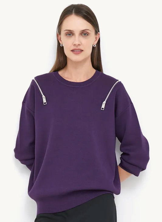Long Sleeve Crew Neck Sweater With Zip Detail