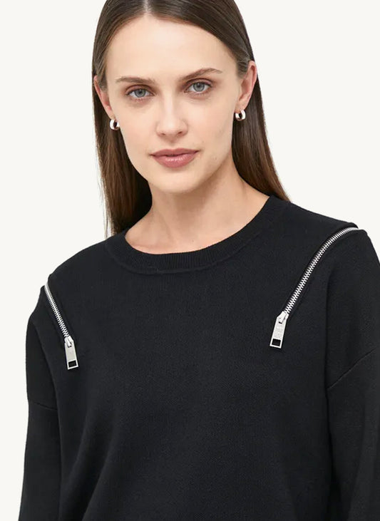 Long Sleeve Crew Neck Sweater With Zip Detail Black