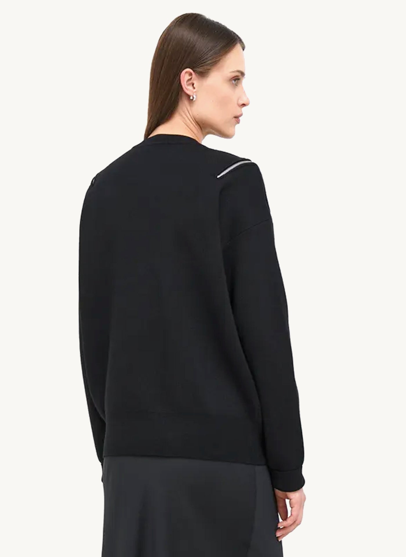 Long Sleeve Crew Neck Sweater With Zip Detail Black