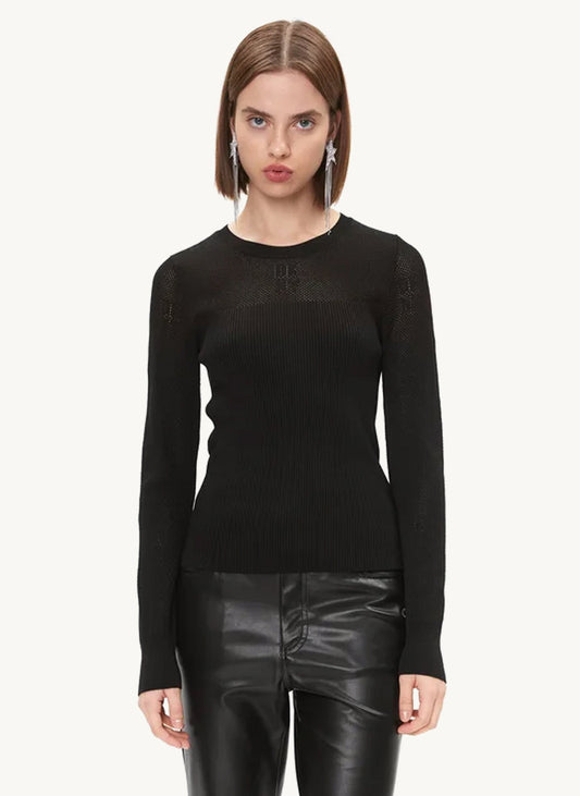 Long Sleeve Crew Neck Top With Mesh - Black