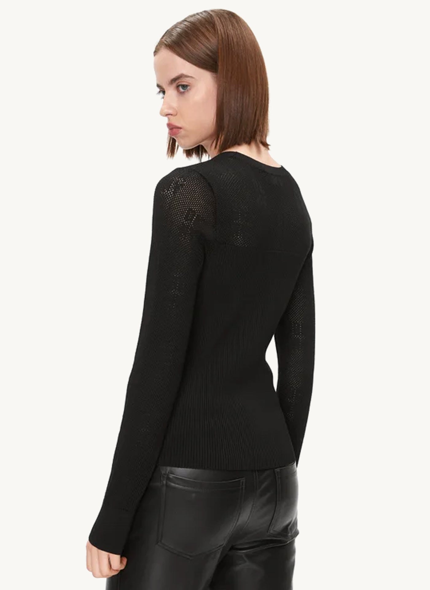 Long Sleeve Crew Neck Top With Mesh - Black