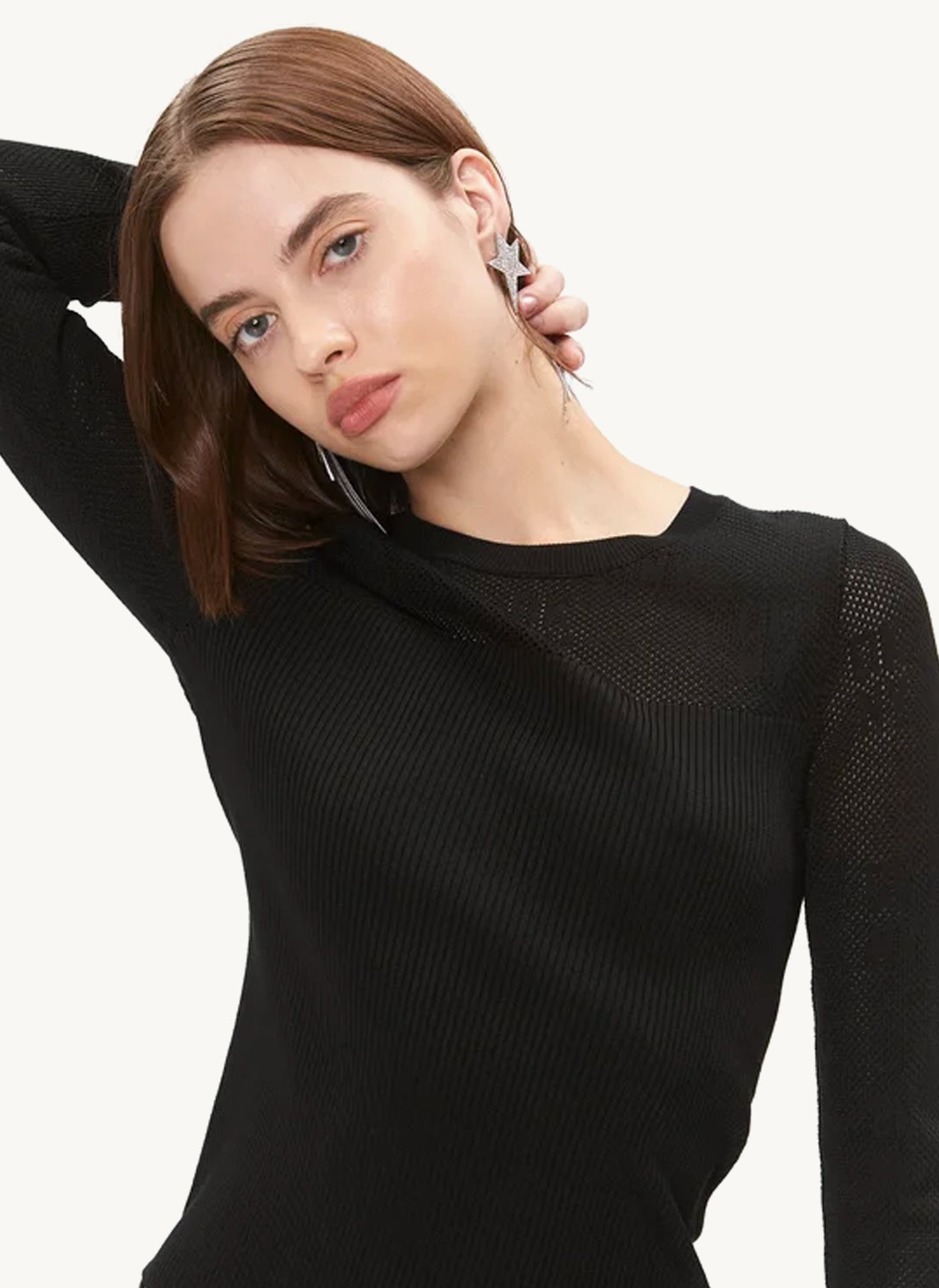 Long Sleeve Crew Neck Top With Mesh - Black