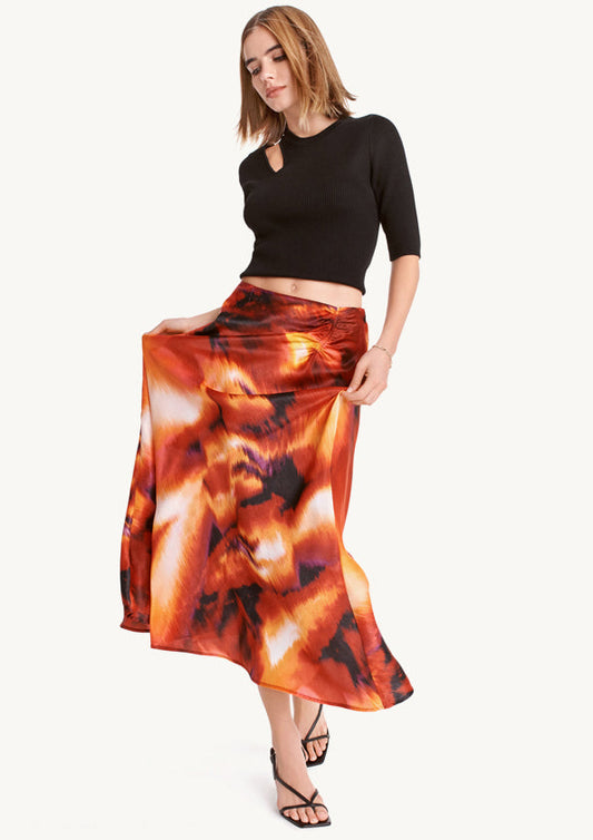Printed Satin Ruched Maxi Skirt